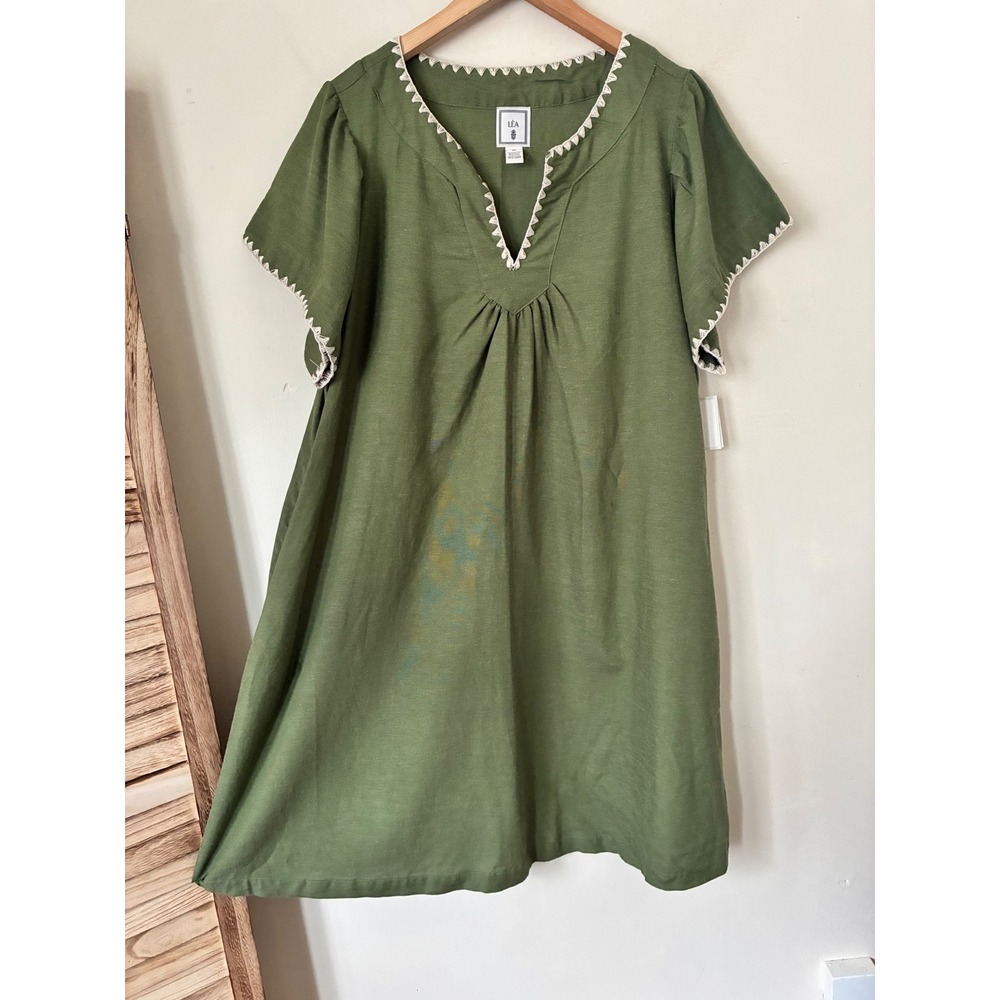 LEA Women Olive Green Linen Blend Embroidered Split Neck Shift Dress Size 1X